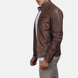 A man wearing a brown leather jacket, exuding style and confidence in his trendy brown moto jacket men's.