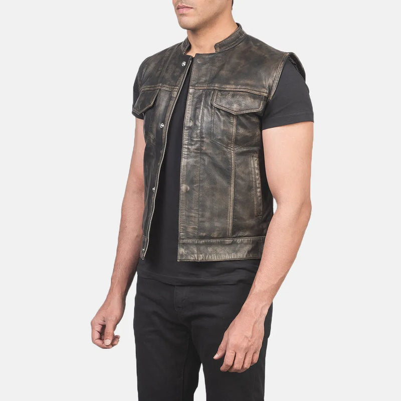 A cool brown moto jacket leather vest for men made from real leather. It's like a stylish jacket without sleeves!