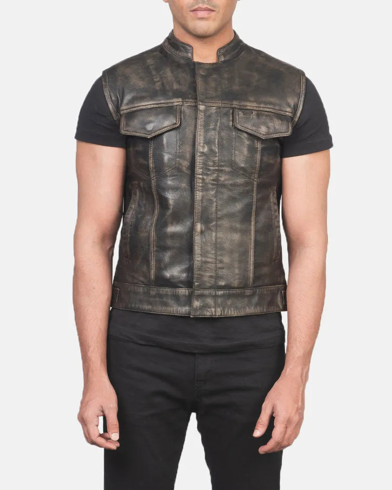 A cool brown moto jacket leather vest for men made from real leather. It's like a stylish jacket without sleeves!