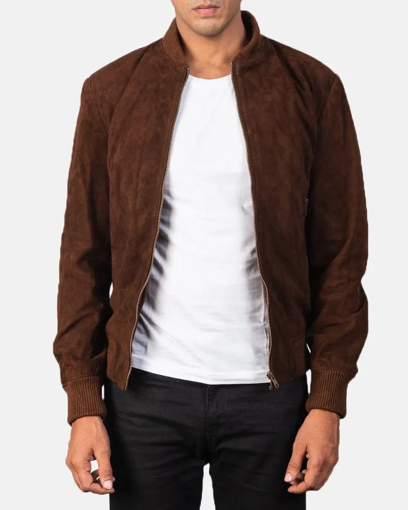 A suede bomber Dark Brown Real Leather Jacket, perfect for men. It's a great choice for any occasion.