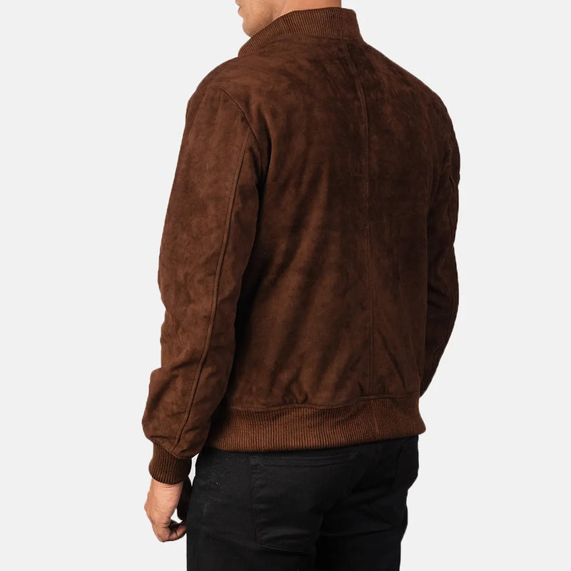 A suede bomber Dark Brown Real Leather Jacket, perfect for men. It's a great choice for any occasion.