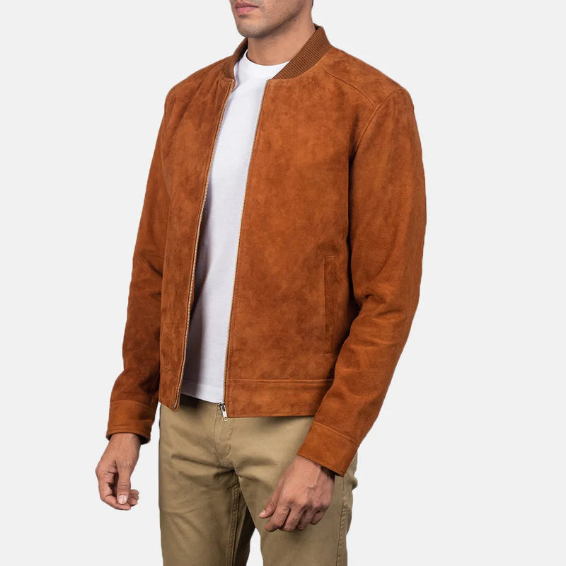 A stylish brown suede bomber jacket made from goatskin leather, perfect for men.