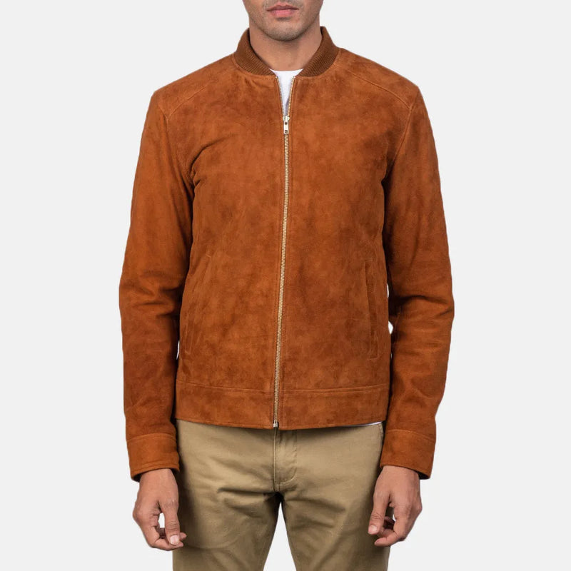 A stylish brown suede bomber jacket made from goatskin leather, perfect for men.