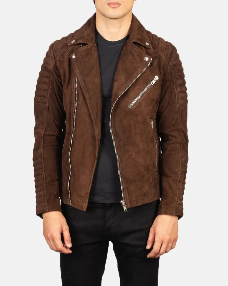 A stylish brown suede jacket, perfect for adding a touch of sophistication to any outfit.