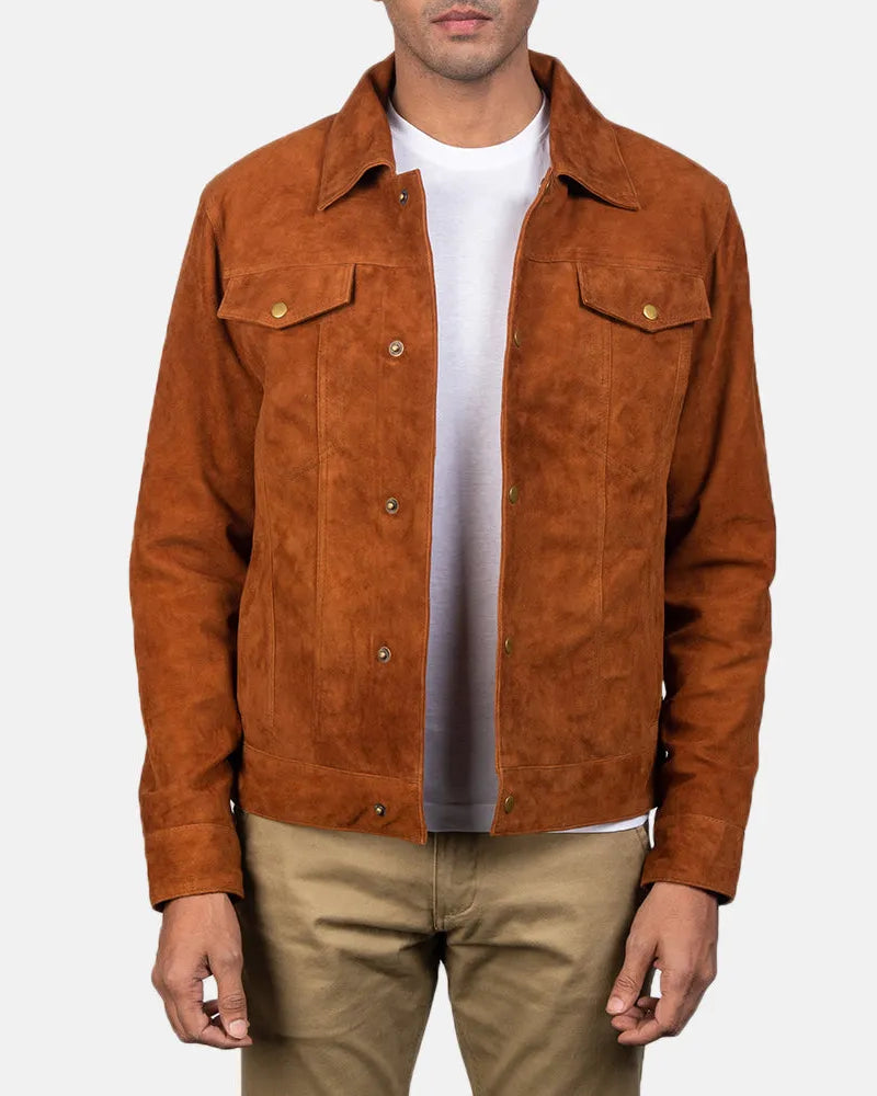 Brown suede jacket men, made from soft suede fabric.