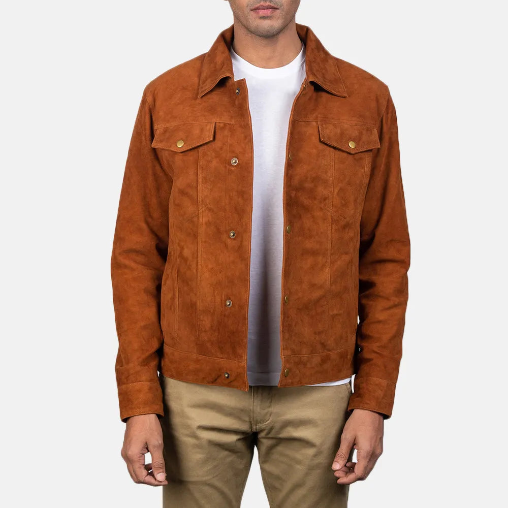 Brown suede jacket men, made from soft suede fabric.