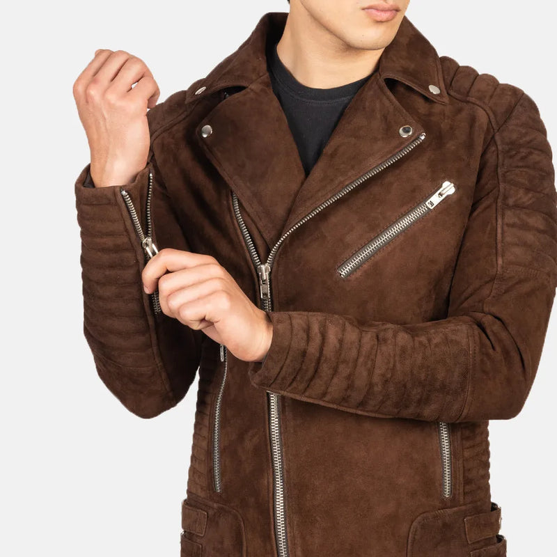 A stylish brown suede jacket, perfect for adding a touch of sophistication to any outfit.