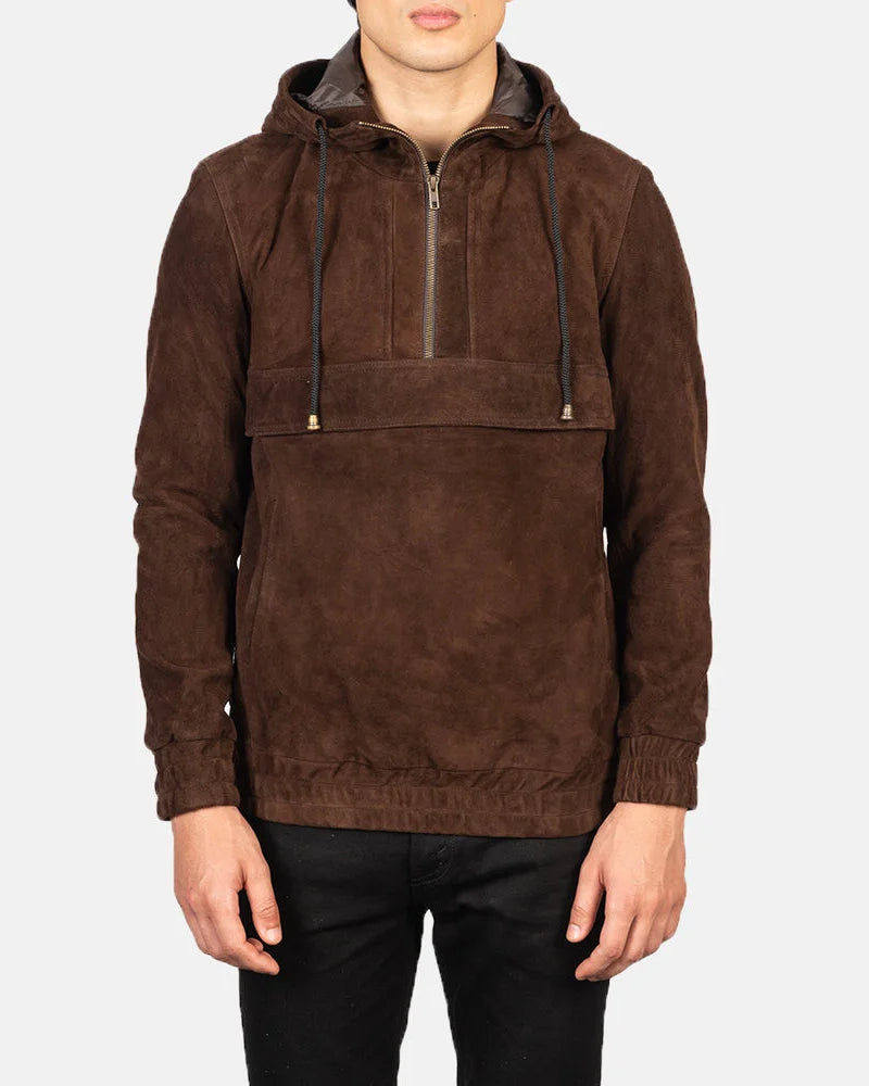 A fashionable brown suede leather jacket, crafted from soft suede material.