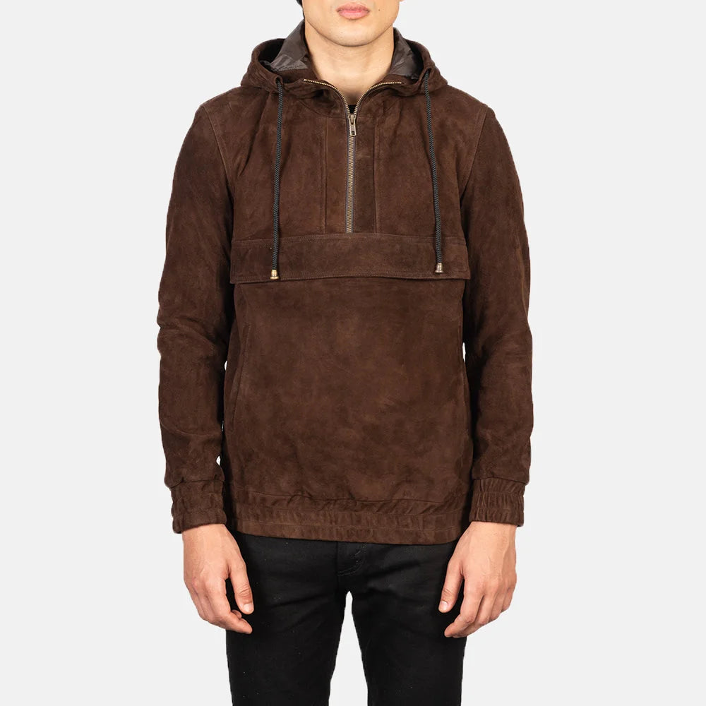 A fashionable brown suede leather jacket, crafted from soft suede material.