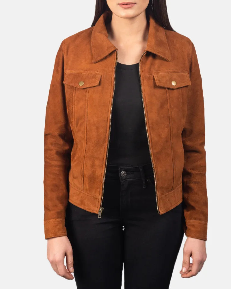 A chic brown suede trucker jacket designed exclusively for women.