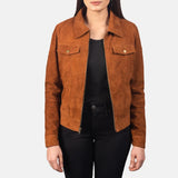 A chic brown suede trucker jacket designed exclusively for women.