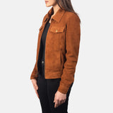 A chic brown suede trucker jacket designed exclusively for women.