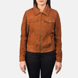 A chic brown suede trucker jacket designed exclusively for women.