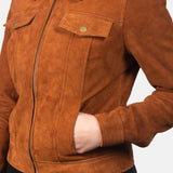 A chic brown suede trucker jacket designed exclusively for women.