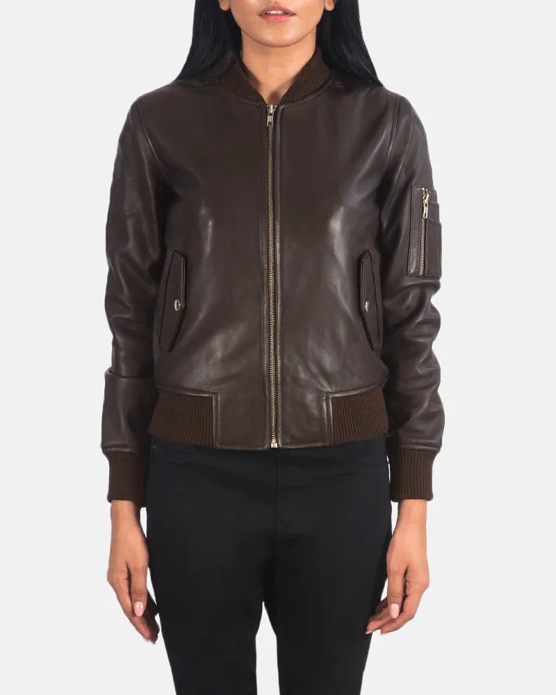 A stylish bomber brown women's leather jacket, perfect for adding a touch of elegance to any outfit.