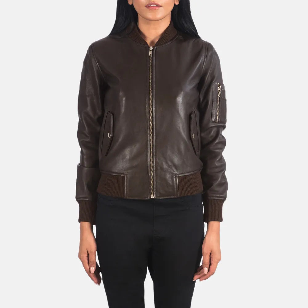 A stylish bomber brown women's leather jacket, perfect for adding a touch of elegance to any outfit.