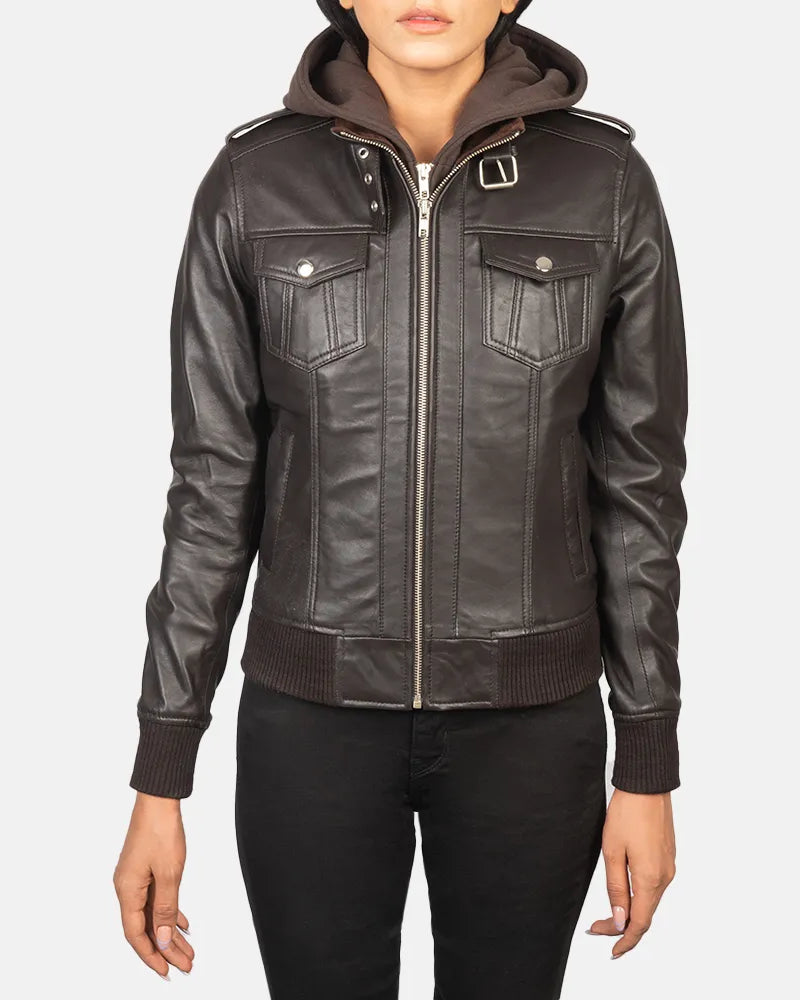 Stylish Leather Bomber Jacket Brown crafted from real leather.