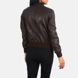 A stylish bomber brown women's leather jacket, perfect for adding a touch of elegance to any outfit.