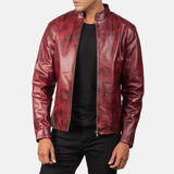 A stylish burgundy leather jacket, crafted from cowhide leather, adds a touch of sophistication to any outfit.