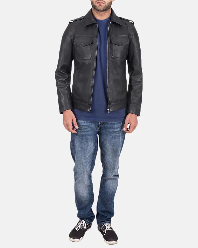 Elevate your fashion game with this black calfskin leather jacket. A must-have for any stylish wardrobe.