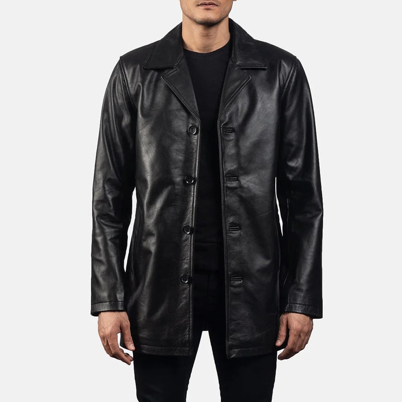A timeless black cowhide leather coat, a must-have for any wardrobe. Perfect for any occasion.