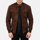 Luxurious suede bomber dark brown leather jacket, exquisitely tailored from premium suede material.