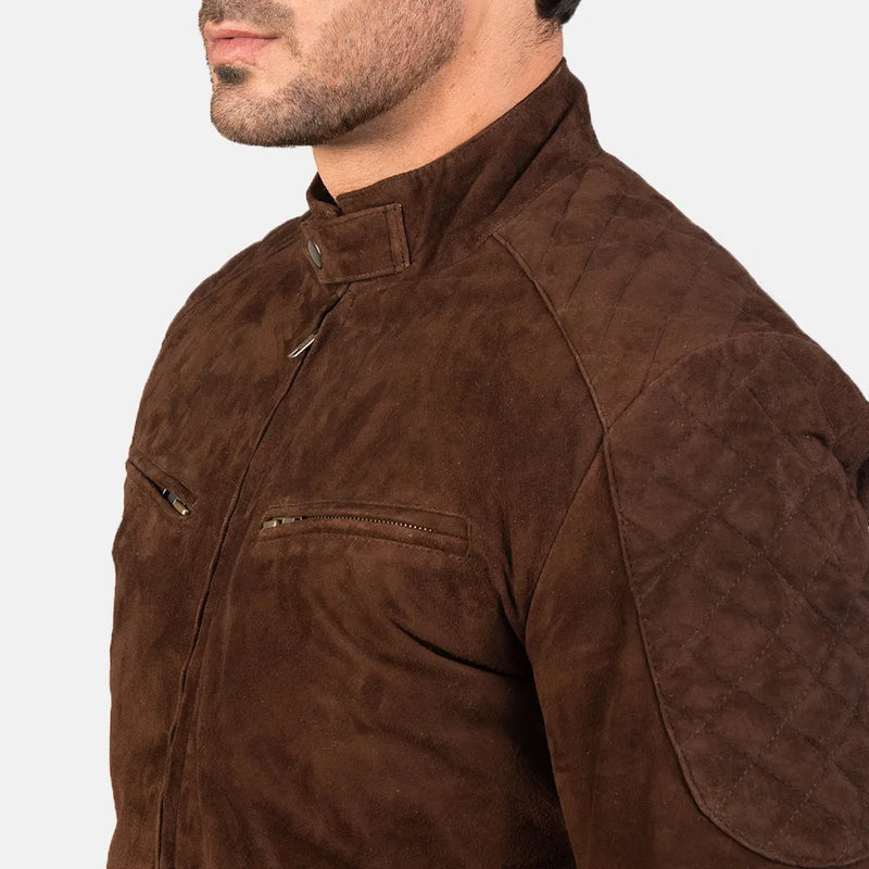 Luxurious suede bomber dark brown leather jacket, exquisitely tailored from premium suede material.