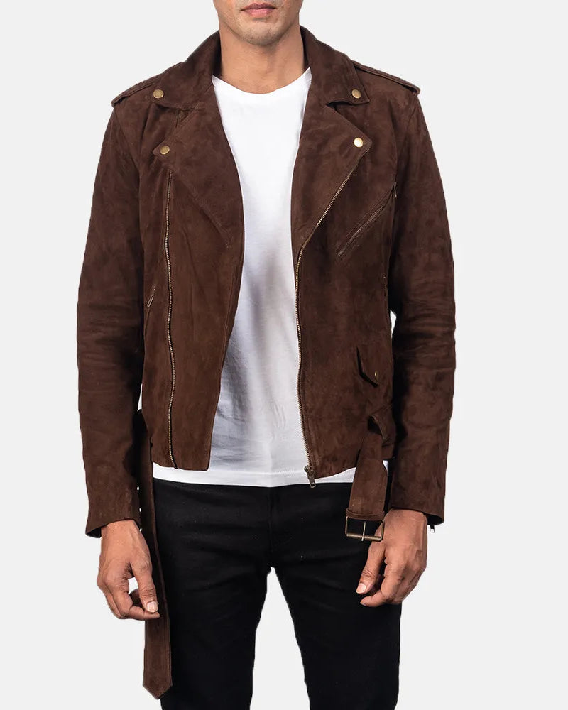 Dark Brown Suede Biker Jacket with Zipper & Waist belt