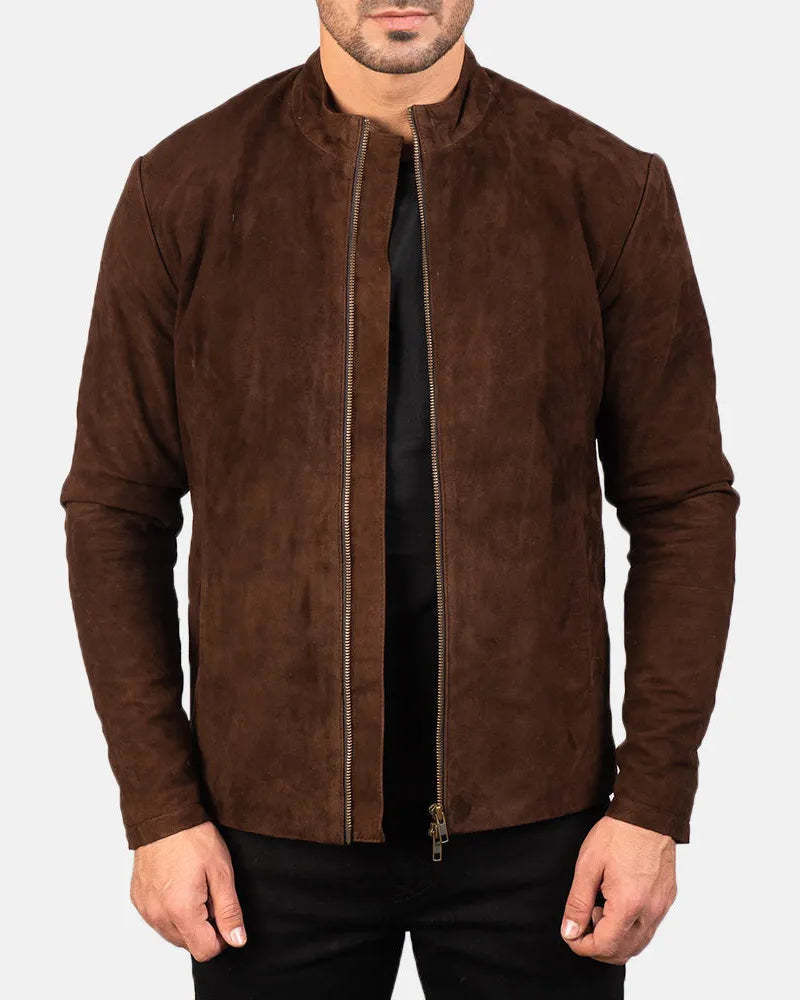 Stylish dark brown suede jacket, perfect for any occasion.