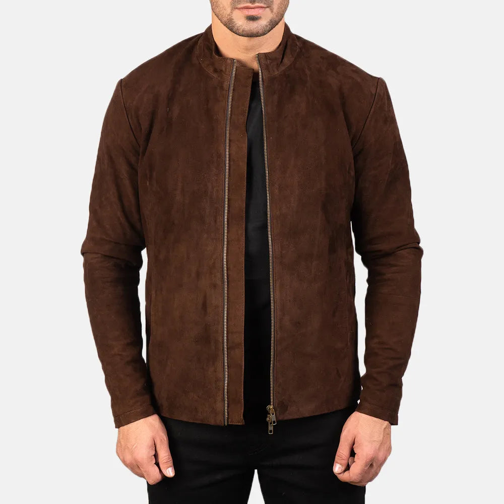 Stylish dark brown suede jacket, perfect for any occasion.