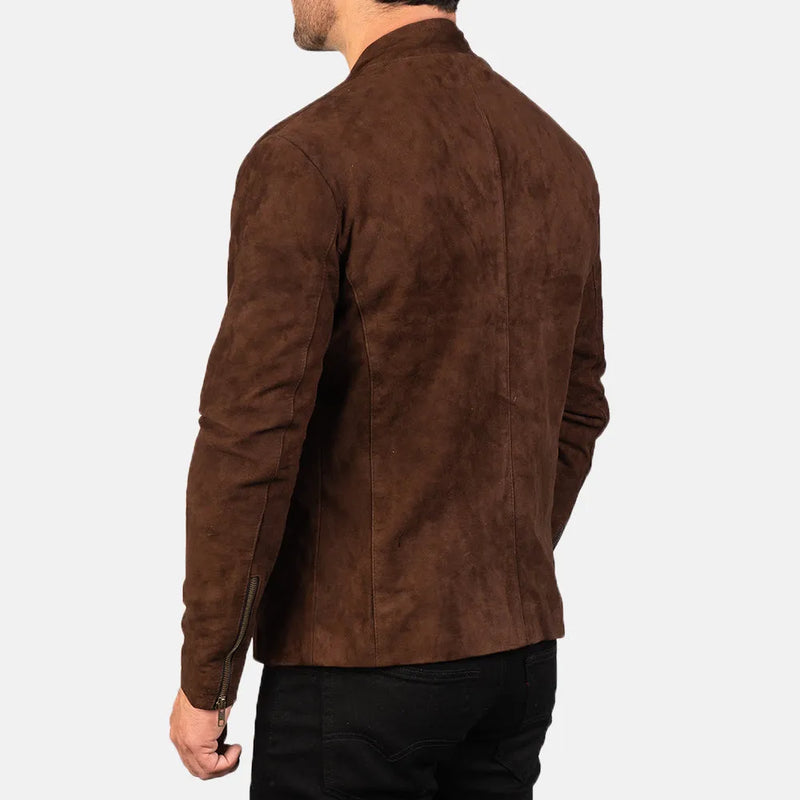 Stylish dark brown suede jacket, perfect for any occasion.