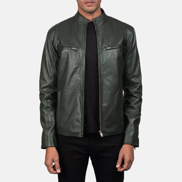 Unleash your inner rebel with this dark green biker jacket crafted from leather, a statement piece that exudes confidence.