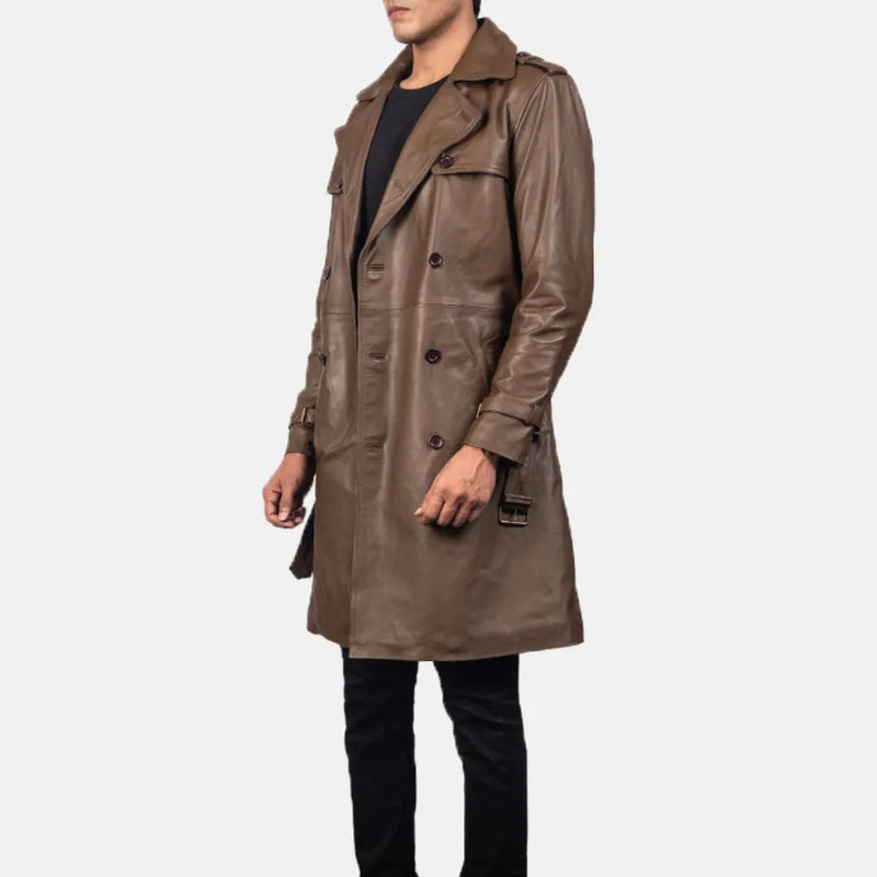 A stylish man wearing a distressed brown leather coat, exuding an air of mystery and sophistication.