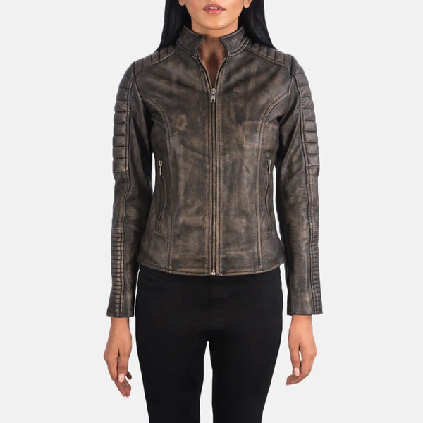 Improve your look with this women's distressed brown leather jacket, made of high-quality leather for a timeless and fashionable appearance.