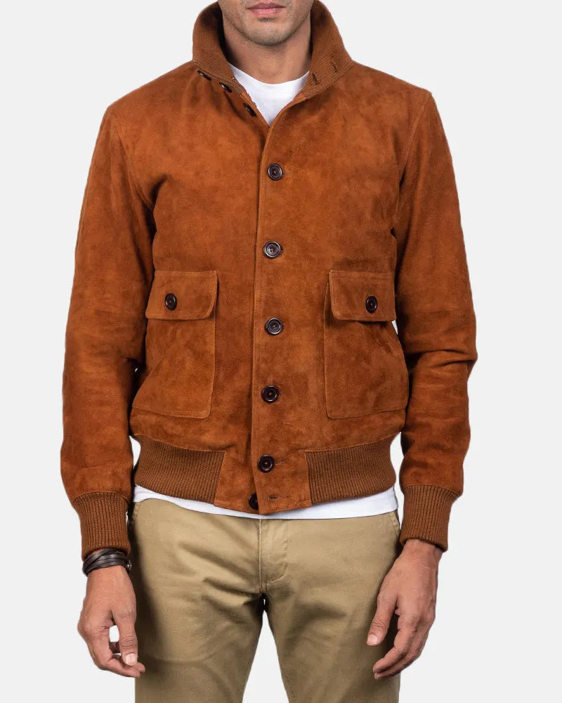 A lavish brown suede bomber jacket, exquisitely crafted from goatskin leather, exudes opulence and sophistication.