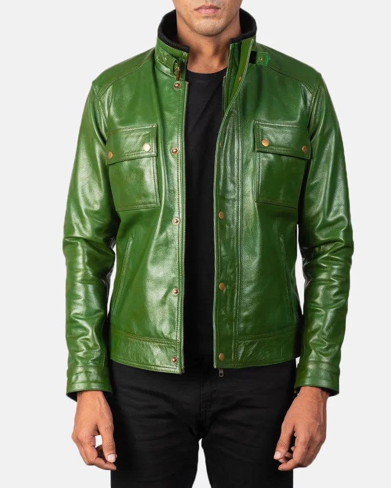 Distressed Green Biker Jacket with Cowhide Leather