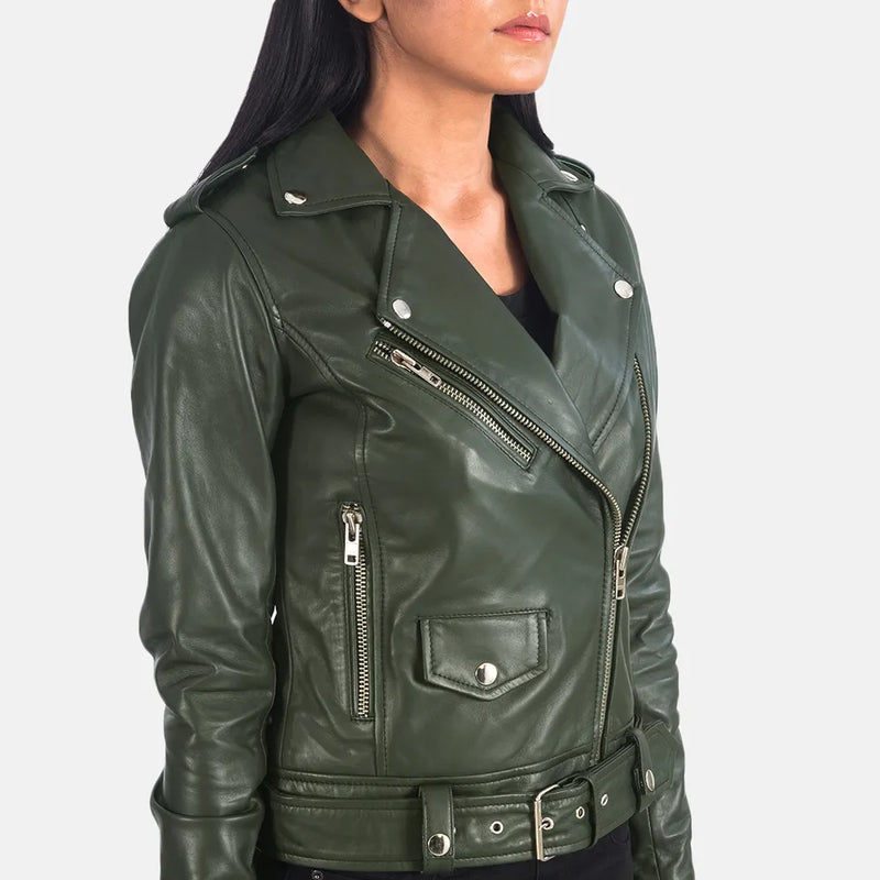 Stylish green biker jacket women, a trendy choice for fashion-forward individuals.