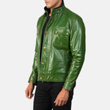 Distressed Green Biker Jacket with Cowhide Leather