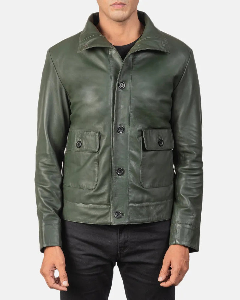 A stylish men's green bomber jacket, perfect for any occasion.