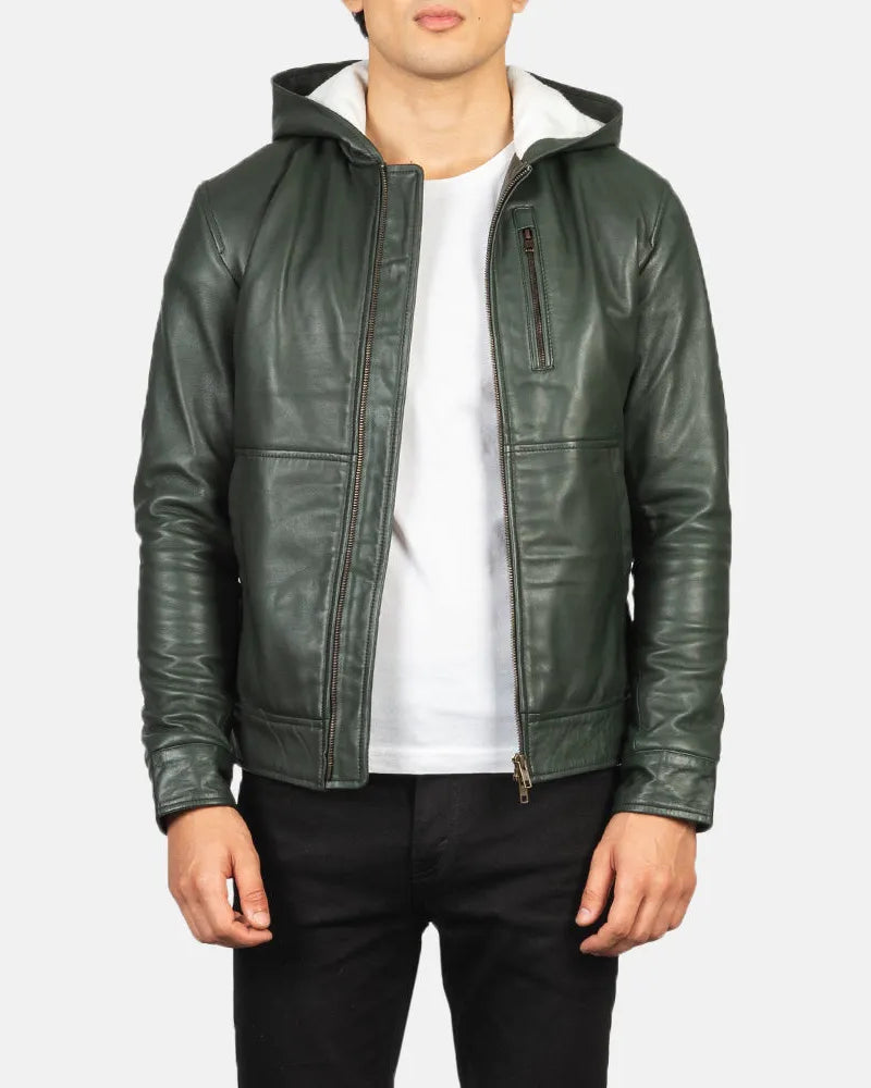 A stylish green bomber jacket men's  with a hood, perfect for a trendy and cool look.