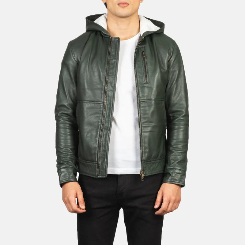 A stylish green bomber jacket men's  with a hood, perfect for a trendy and cool look.