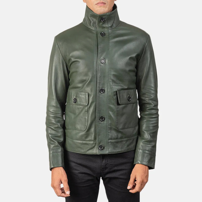 A stylish men's green bomber jacket, perfect for any occasion.
