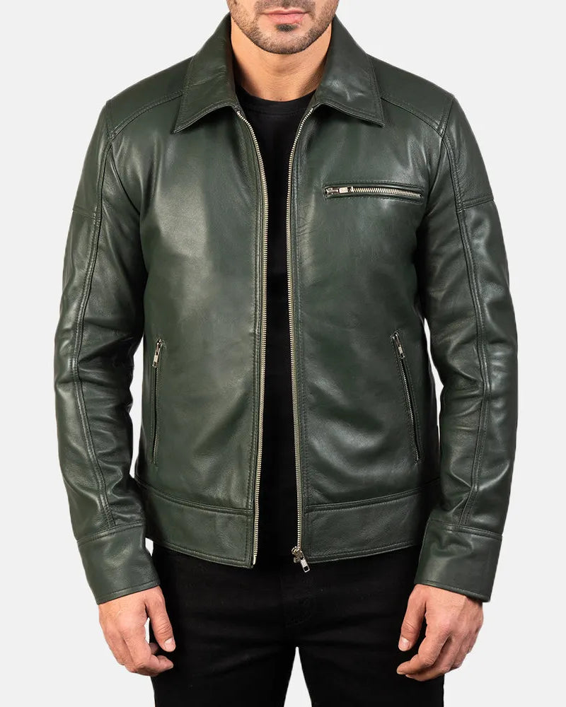 Stylish green leather biker jacket crafted from leather.