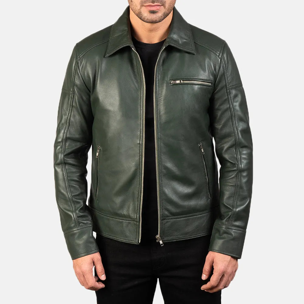 Stylish green leather biker jacket crafted from leather.