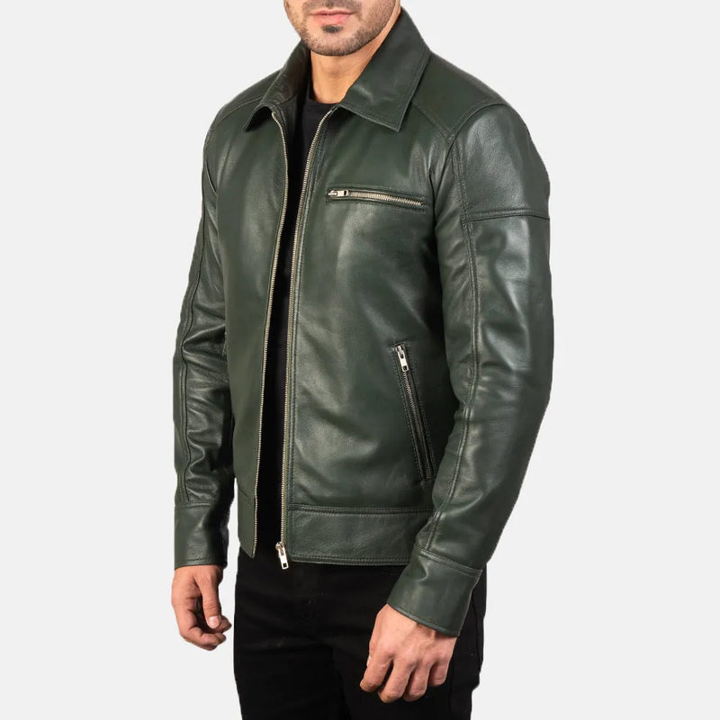 Stylish green leather biker jacket crafted from leather.