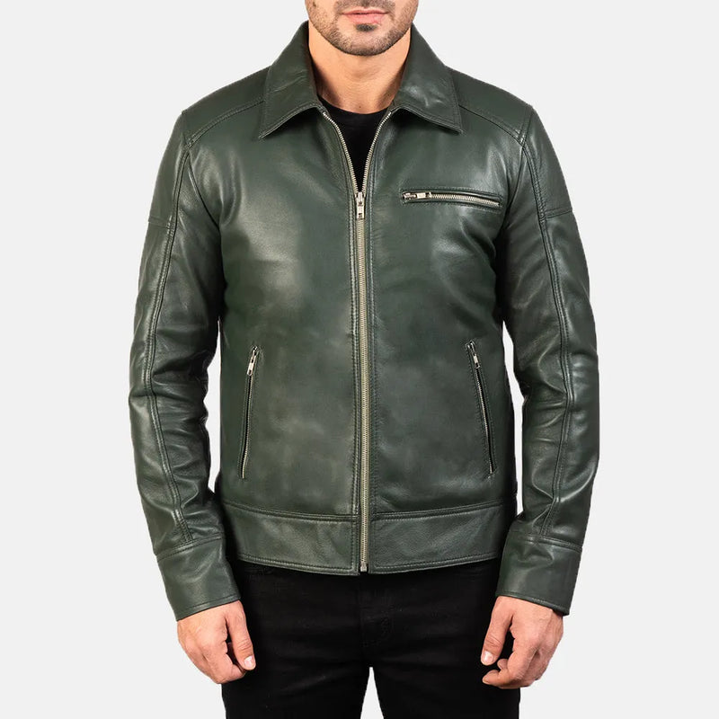 Stylish green leather biker jacket crafted from leather.