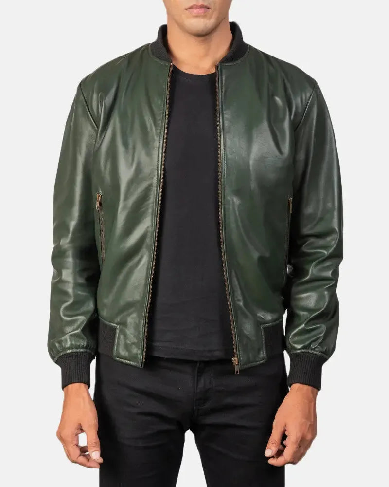 Classic green leather bomber jacket, a must-have for men looking for a stylish outerwear option.