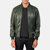 Classic green leather bomber jacket, a must-have for men looking for a stylish outerwear option.