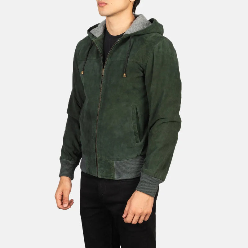 Stylish Green Leather Jacket Men with hood, perfect for men's fashion