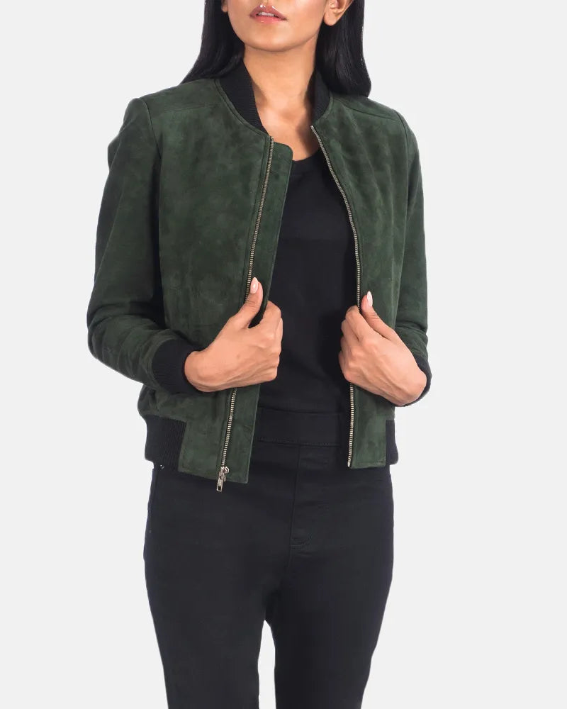 Stylish black and green suede jacket women.